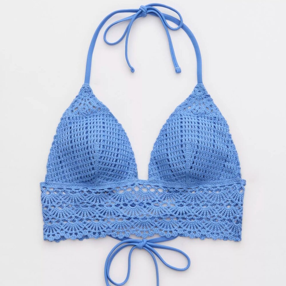 Aerie Crochet Triangle Longline Bikini Top - Small Blue